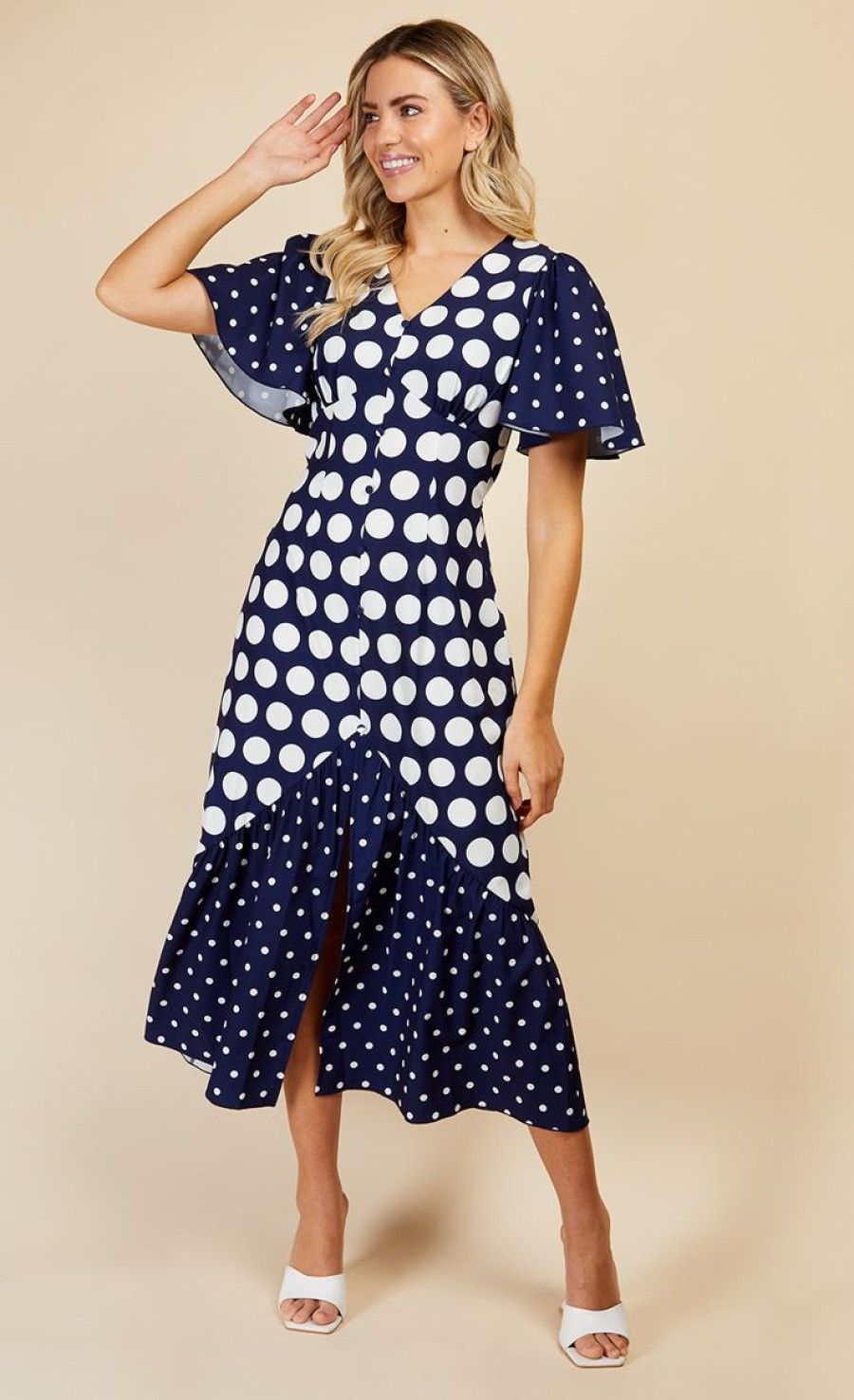 Clothing Little Mistress | Navy Spot Mix Midi Dress