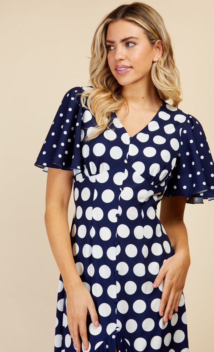 Clothing Little Mistress | Navy Spot Mix Midi Dress