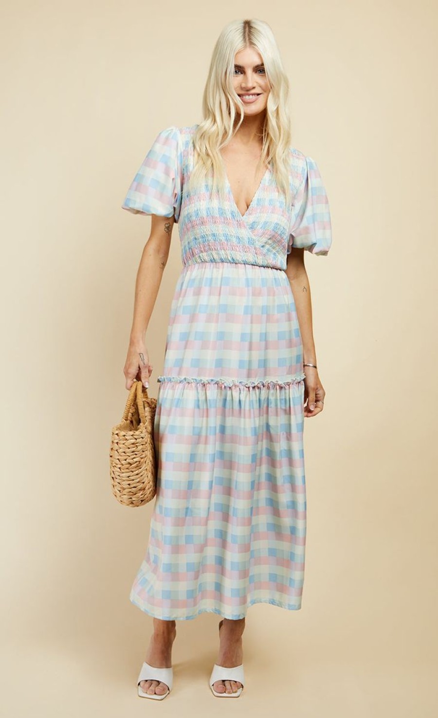 Clothing Little Mistress | Pastel Check Puff Sleeve Midi Dress