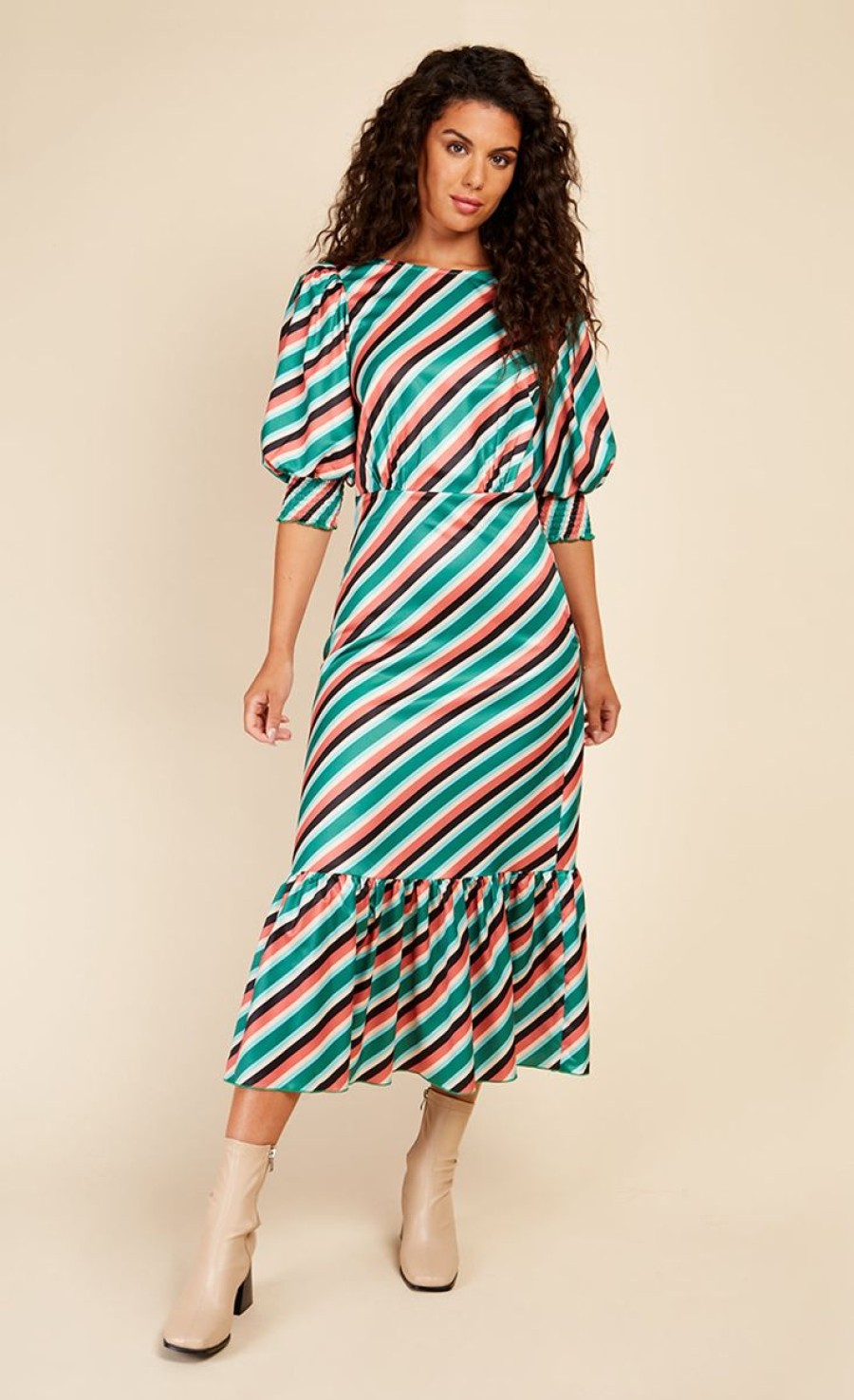 Clothing Little Mistress | Stripe Satin Pephem Midaxi Dress