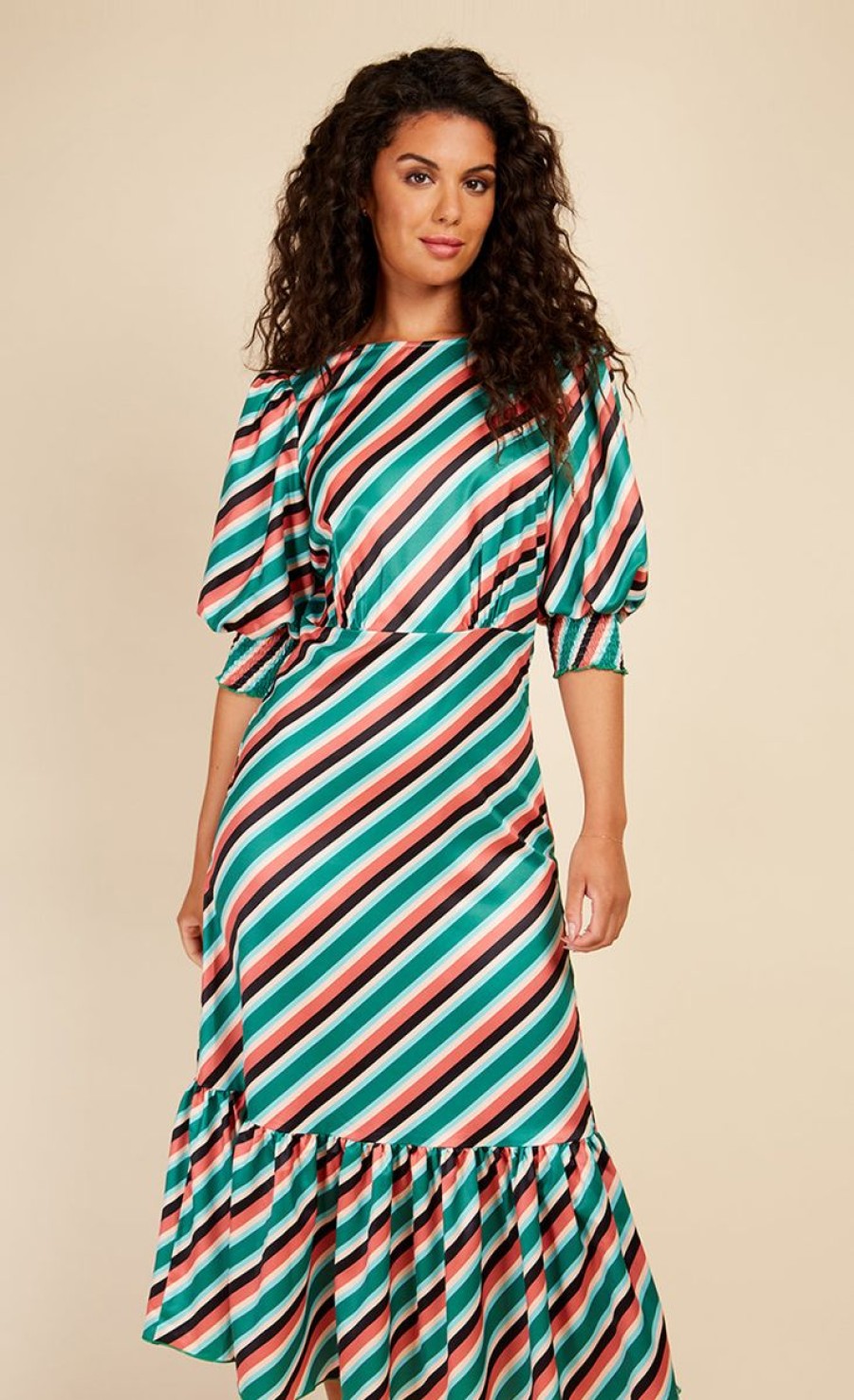 Clothing Little Mistress | Stripe Satin Pephem Midaxi Dress