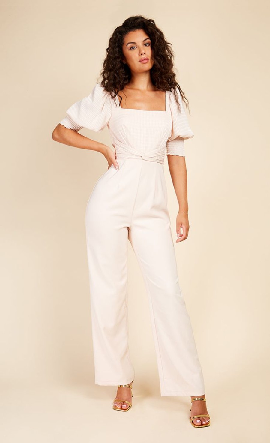 Clothing Little Mistress | Ecru Check Twist Detail Jumpsuit