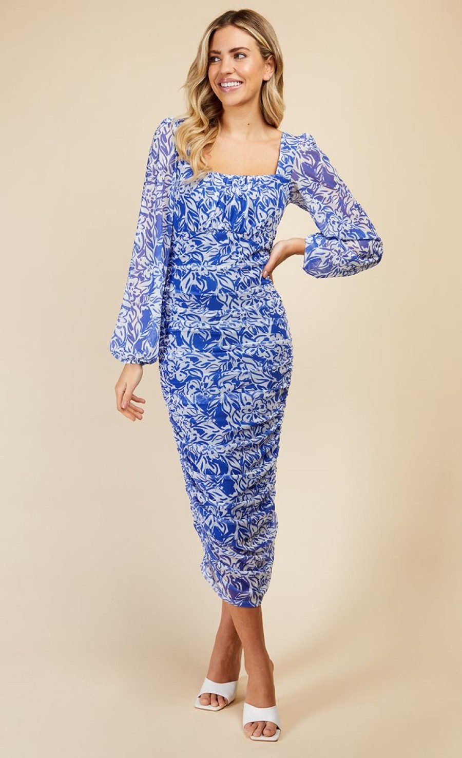 Clothing Little Mistress | Blue Floral Print Ruched Midi Bodycon Dress