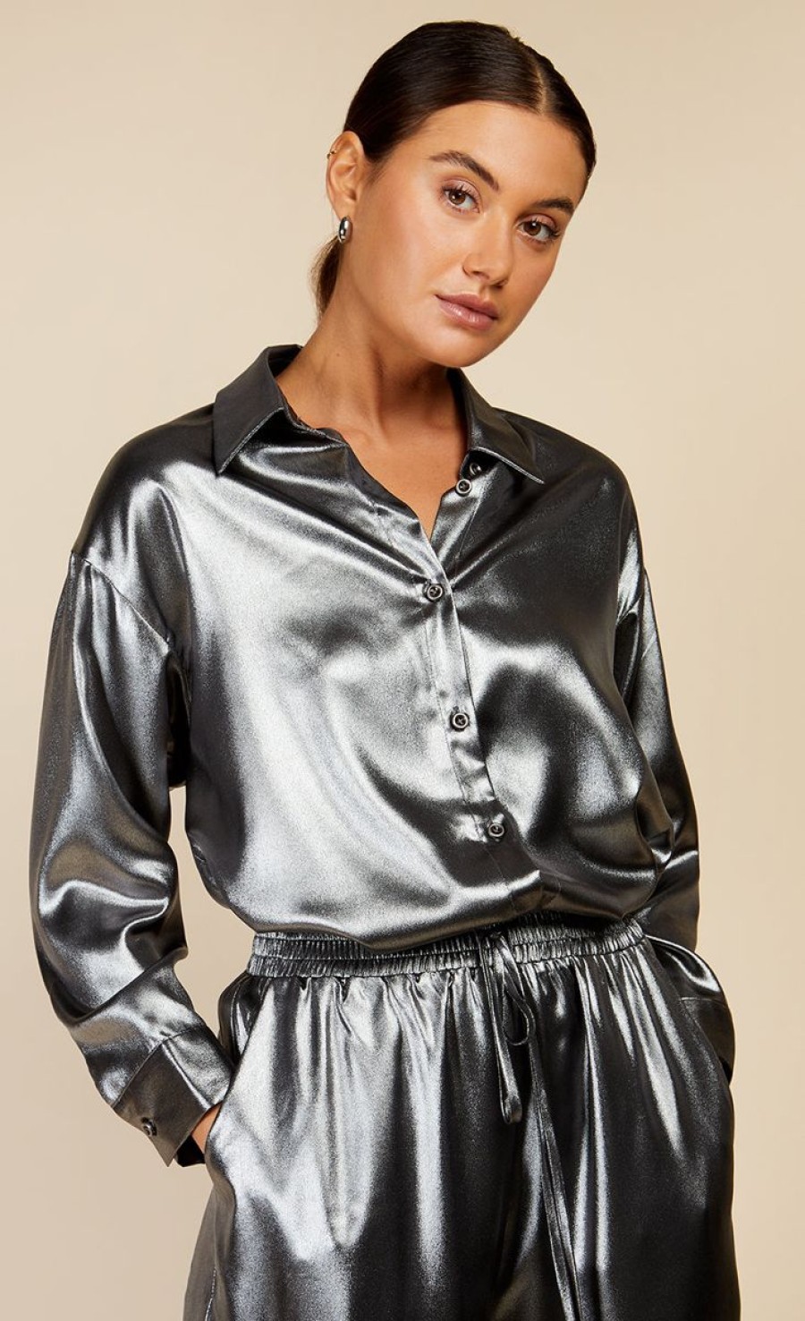 Clothing Little Mistress | Metallic Satin Oversized Shirt By Vogue Williams