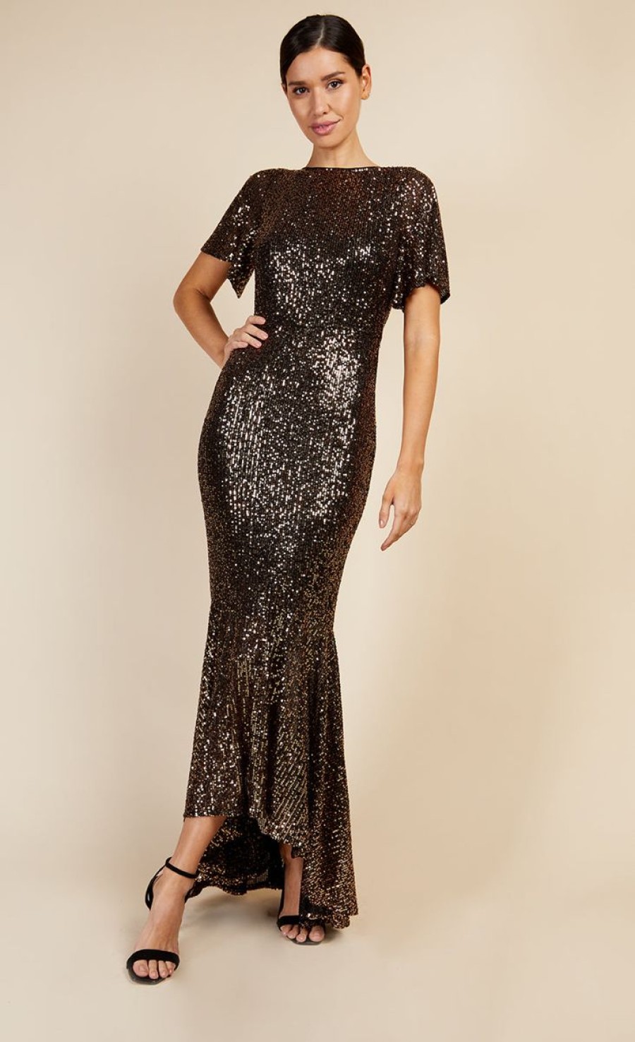 Clothing Little Mistress | Black And Gold Sequin Fishtail Maxi Dress