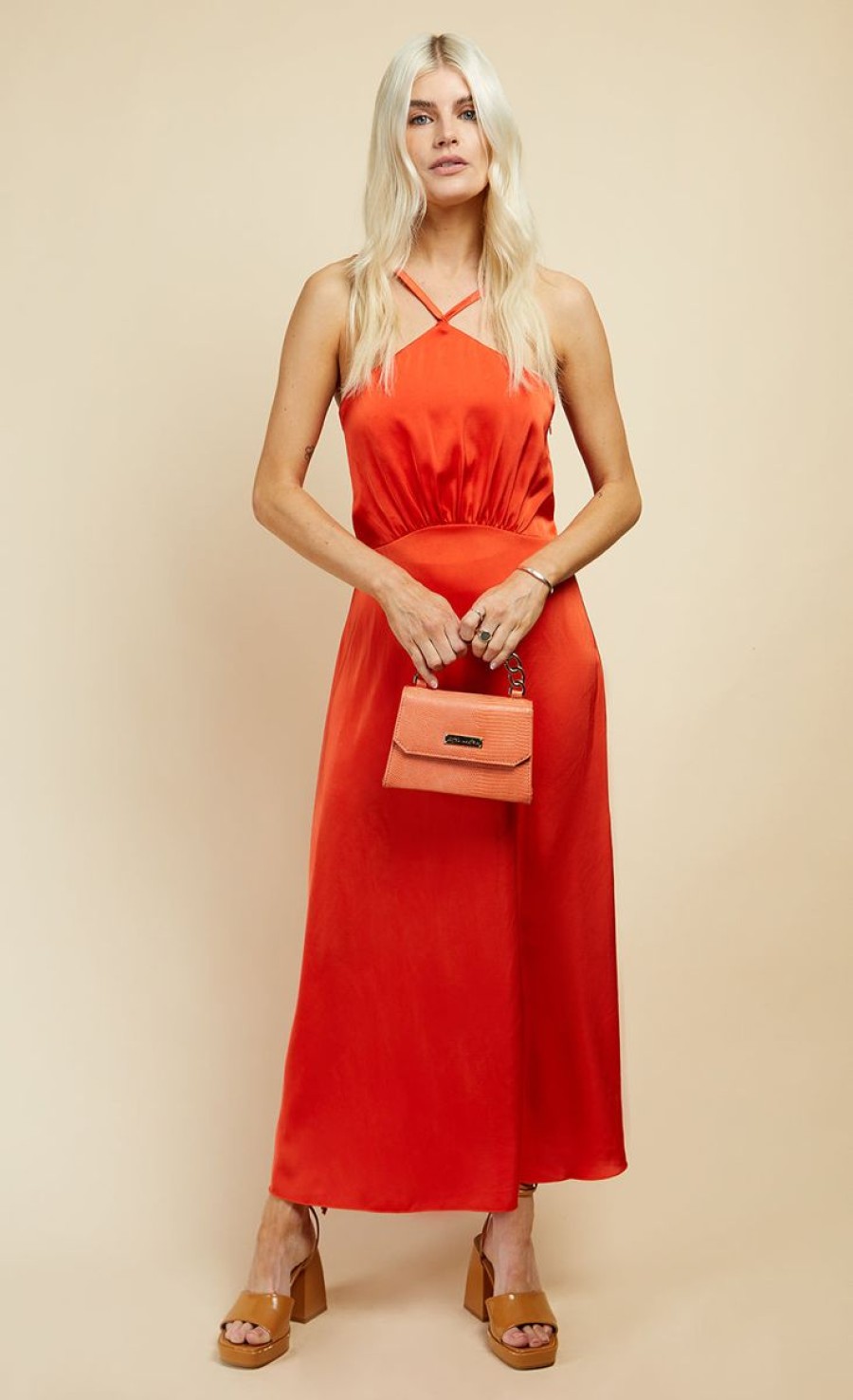 Clothing Little Mistress | Orange Satin Midi Dress