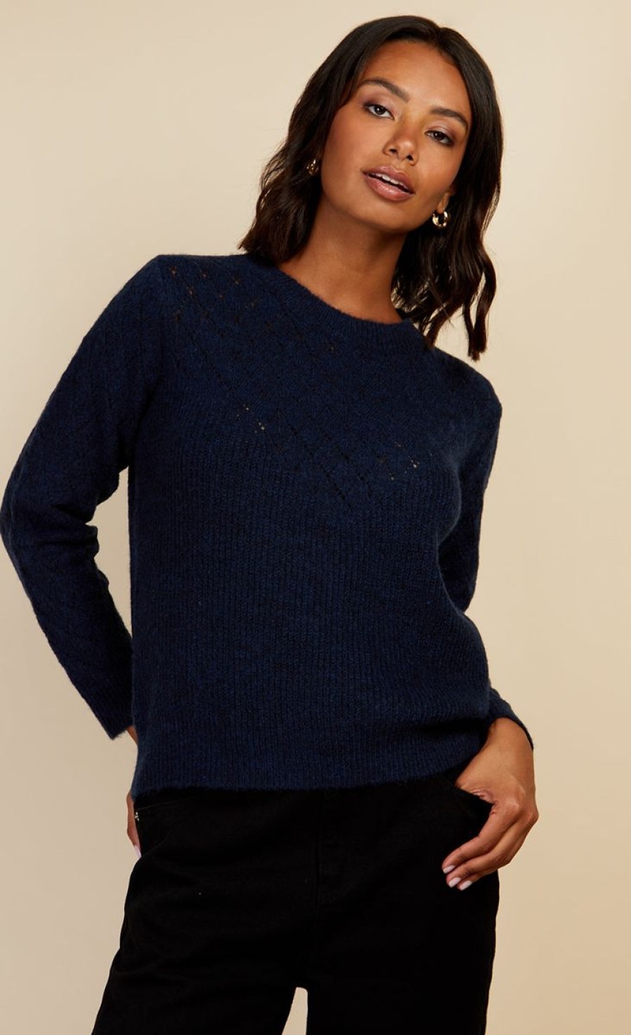 Clothing Little Mistress | Navy Open Knit Jumper By Vogue Williams