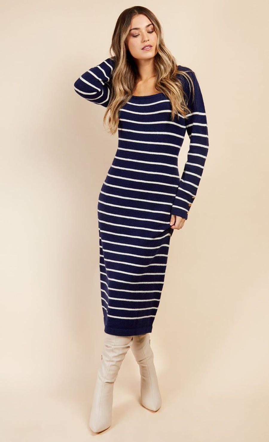 Clothing Little Mistress | Navy Stripe Knit Midi Dress By Vogue Williams