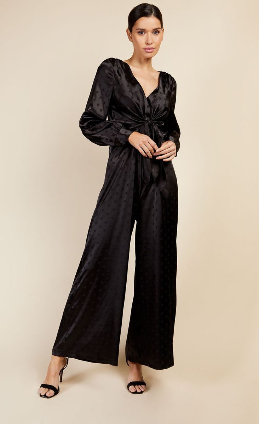 Clothing Little Mistress | Black Satin Spot Jumpsuit