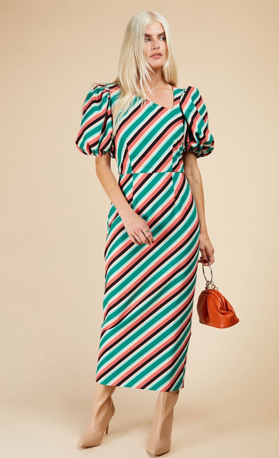 Clothing Little Mistress | Stripe Asymmetric Neck Midaxi Bodycon Dress