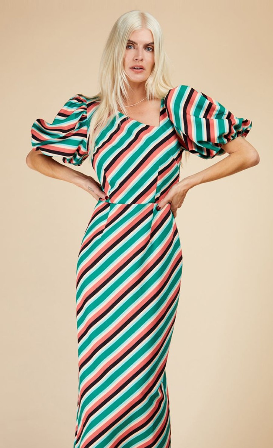 Clothing Little Mistress | Stripe Asymmetric Neck Midaxi Bodycon Dress