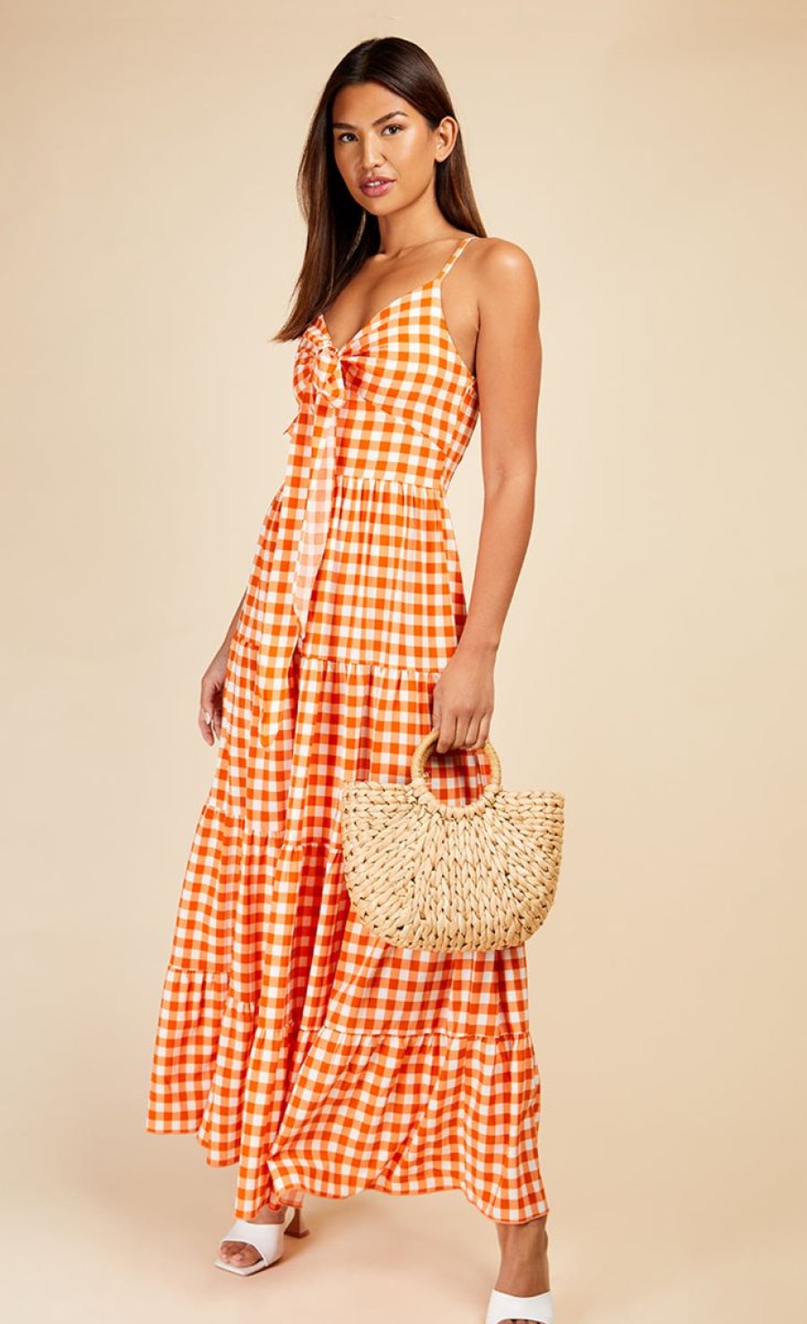 Clothing Little Mistress | Orange Gingham Tie Front Maxi Dress