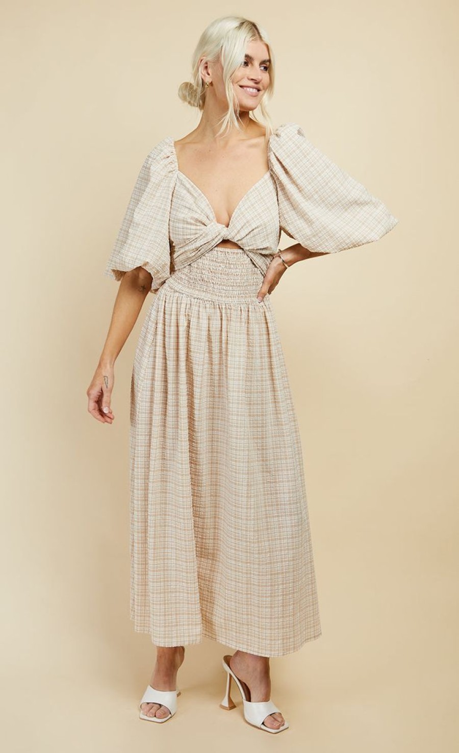 Clothing Little Mistress | Beige Check Multiway Midi Dress