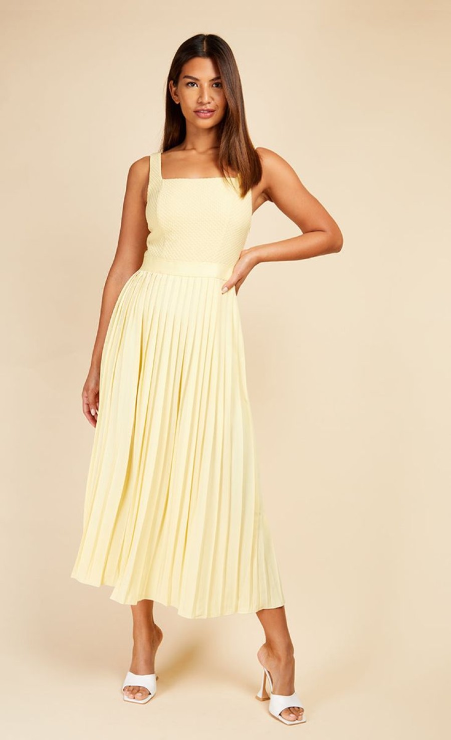 Clothing Little Mistress | Butter Yellow Waffle Texture Pleated Midaxi Dress