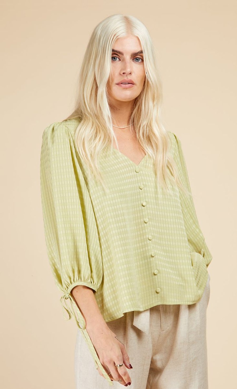 Clothing Little Mistress | Chartreuse Check Button Detail Top