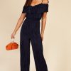 Clothing Little Mistress | Navy Plisse Cold Shoulder Jumpsuit