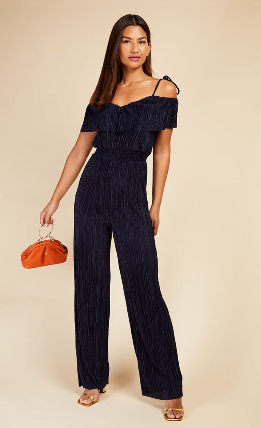 Clothing Little Mistress | Navy Plisse Cold Shoulder Jumpsuit