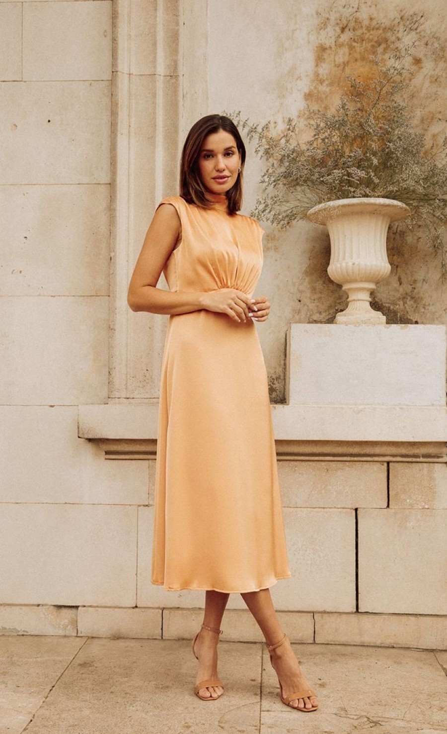 Clothing Little Mistress | Orange Satin Tie Neck Midaxi Dress