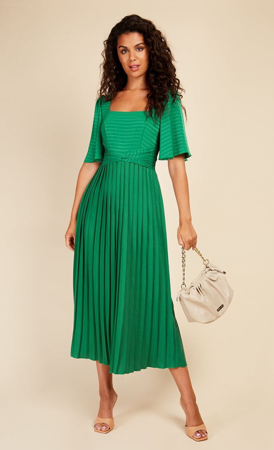 Clothing Little Mistress | Green Check And Pleated Hem Midaxi Dress