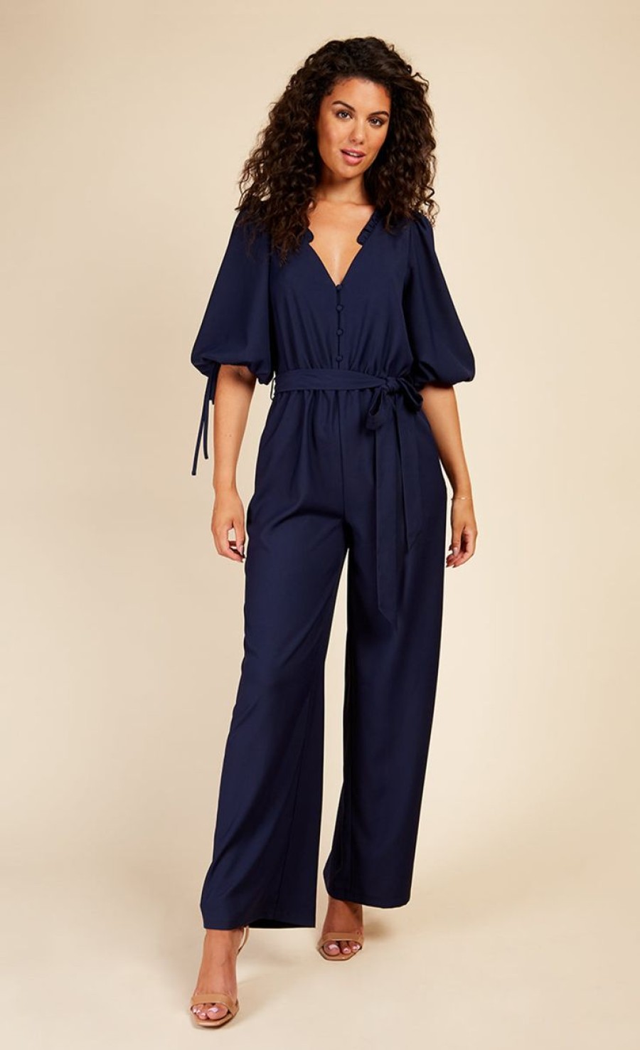 Clothing Little Mistress | Navy Button Detail Jumpsuit