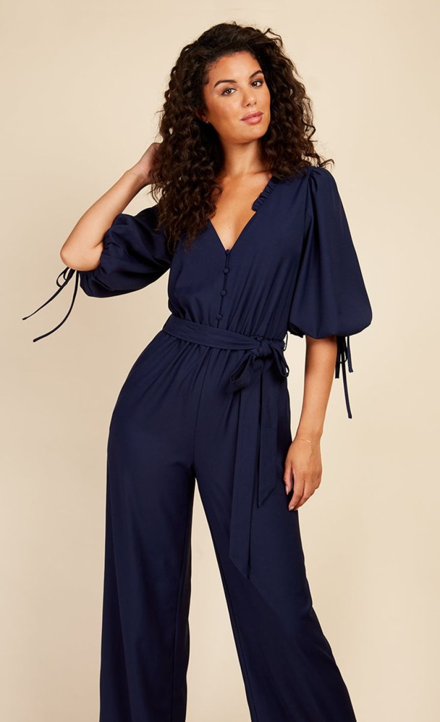 Clothing Little Mistress | Navy Button Detail Jumpsuit