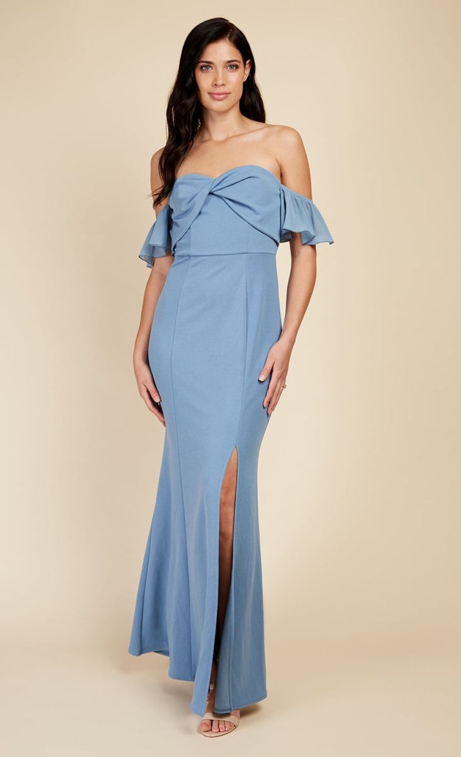 Clothing Little Mistress | Steel Blue Twist Detail Bardot Maxi Dress