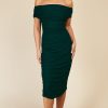 Clothing Little Mistress | Hoxton Emerald Green Bardot Ruched Bodycon Midi Dress