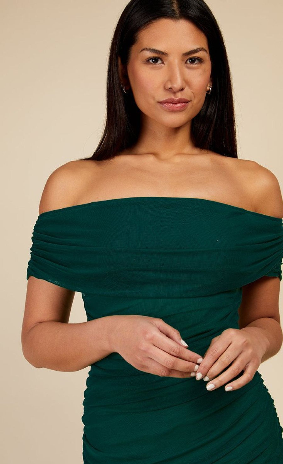 Clothing Little Mistress | Hoxton Emerald Green Bardot Ruched Bodycon Midi Dress