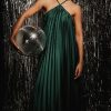 Clothing Little Mistress | Green Satin Pleated Midaxi Dress