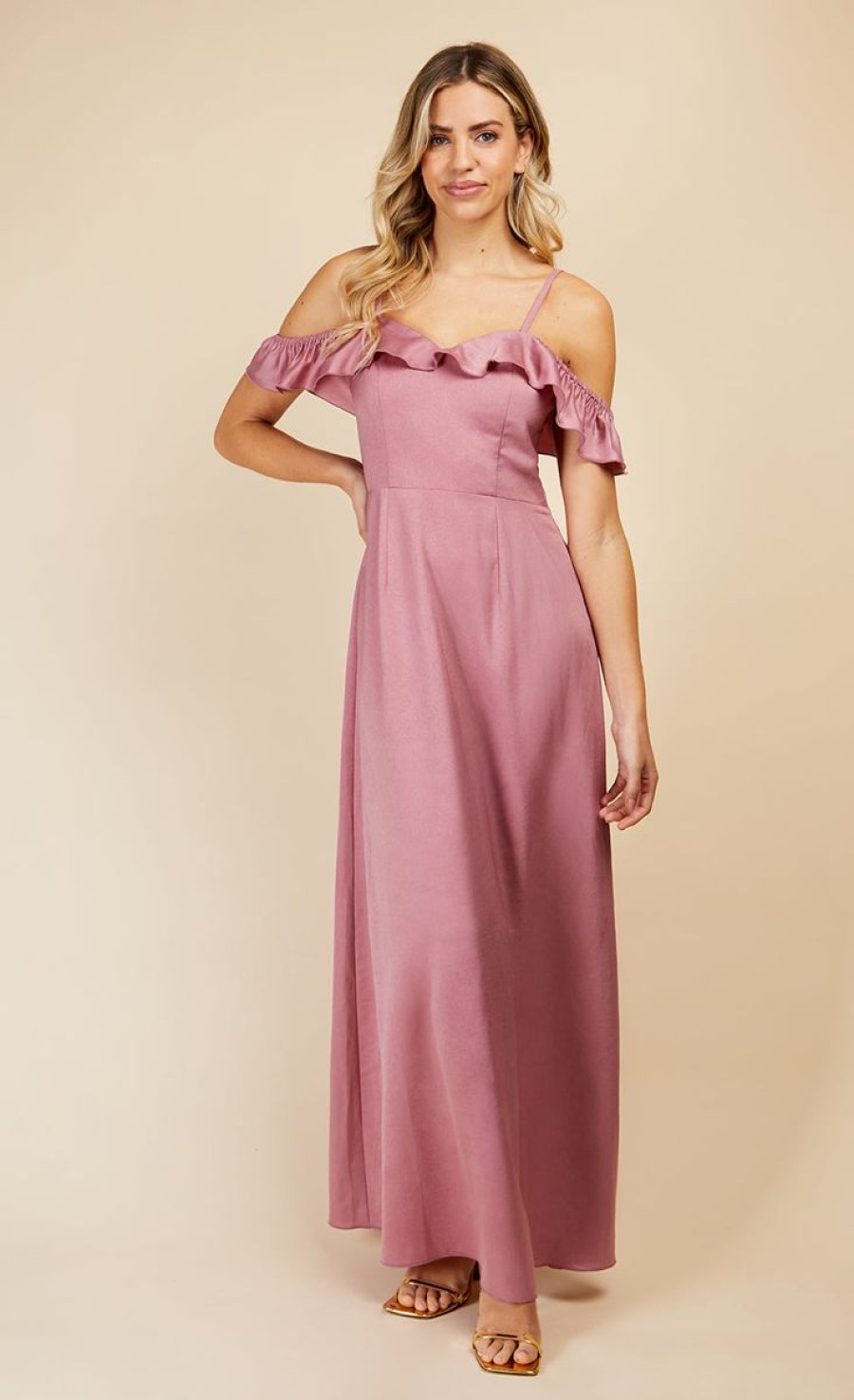 Clothing Little Mistress | Rose Quartz Frill Cold-Shoulder Maxi Dress