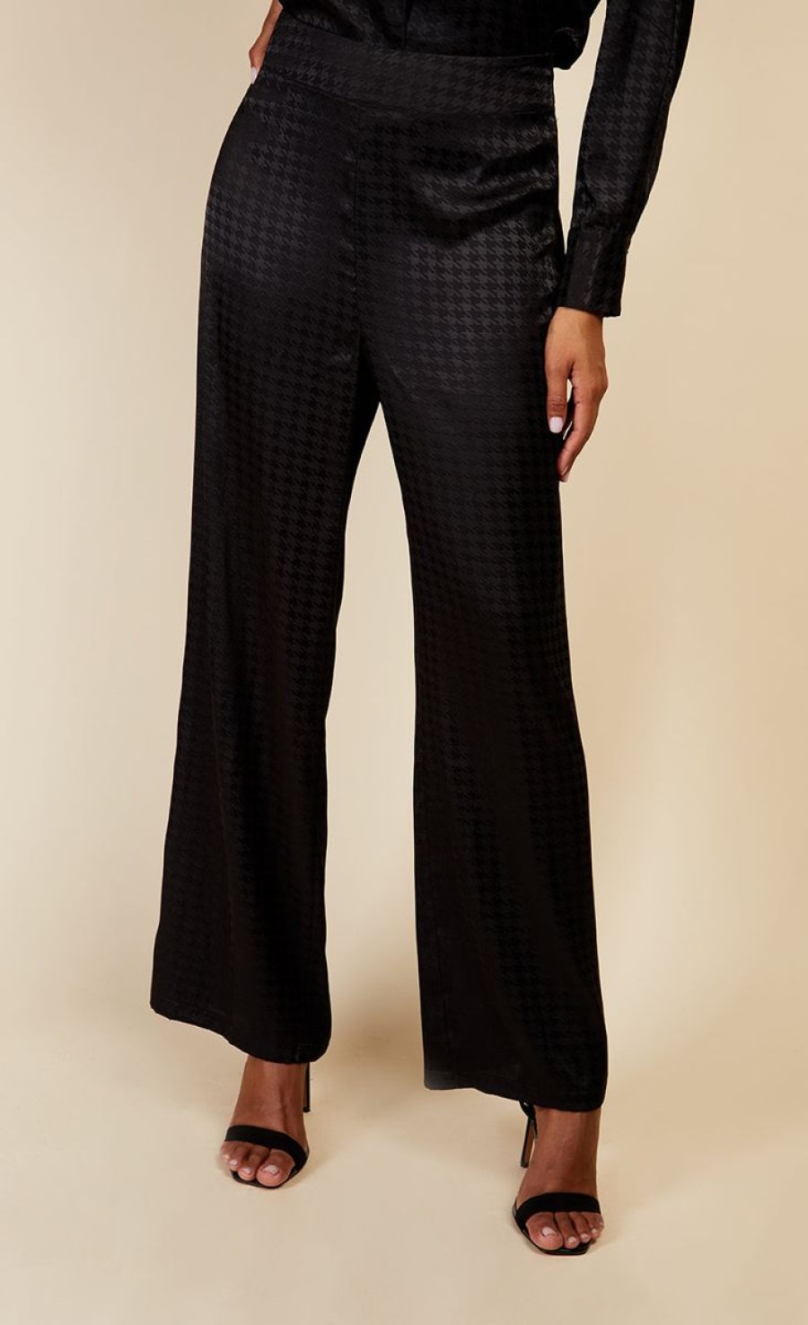 Clothing Little Mistress | Black Satin Houndstooth Trousers By Vogue Williams