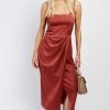 Clothing Little Mistress | Rust Satin Scoop Neck Midi Dress