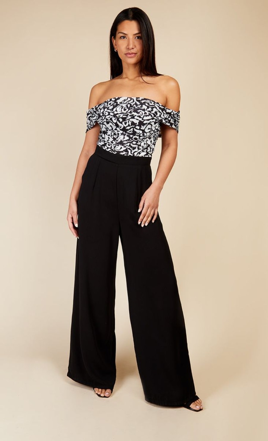 Clothing Little Mistress | Monochrome Printed Mesh Bardot Jumpsuit