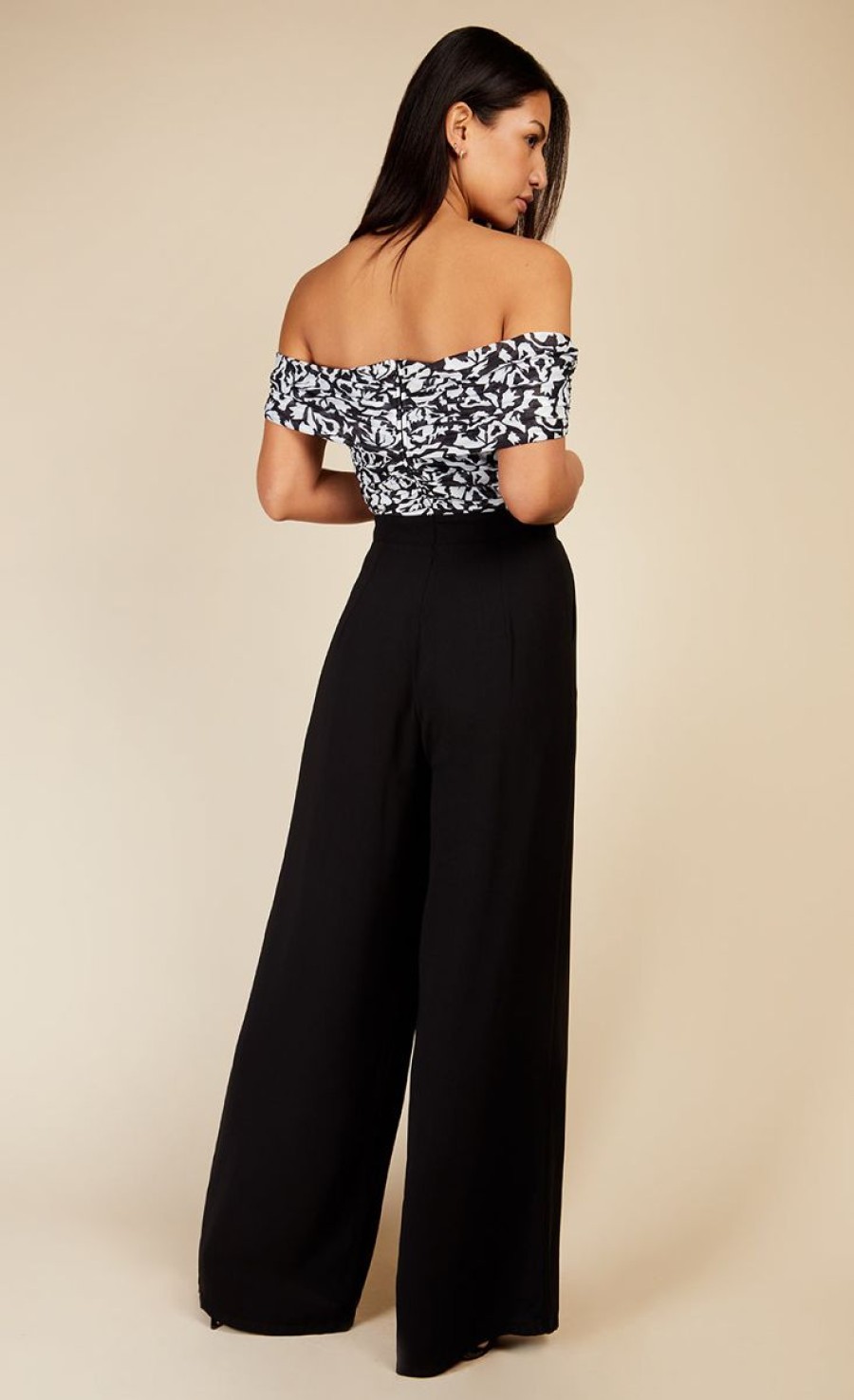 Clothing Little Mistress | Monochrome Printed Mesh Bardot Jumpsuit