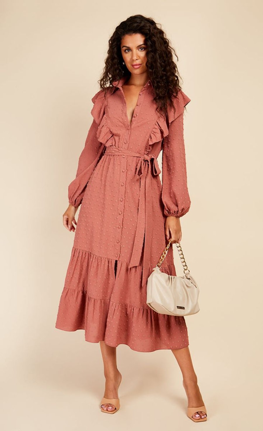 Clothing Little Mistress | Coral Rose Dobby Spot Midaxi Shirt Dress