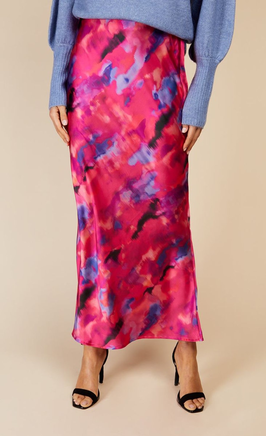 Clothing Little Mistress | Watercolour Print Satin Midi Skirt By Vogue Williams