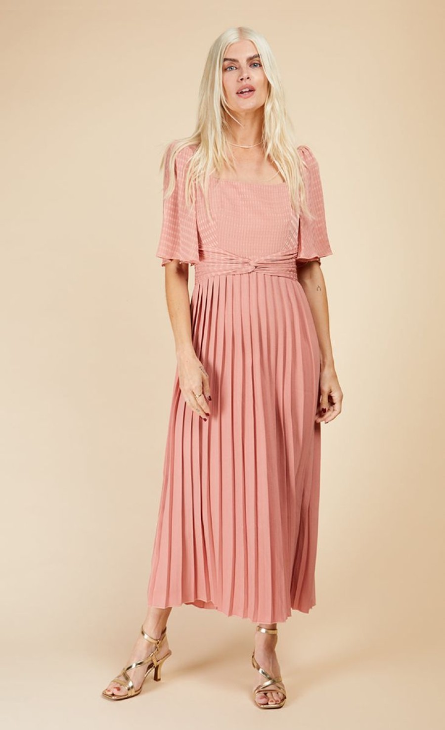 Clothing Little Mistress | Coral Pink Check And Pleated Hem Midaxi Dress