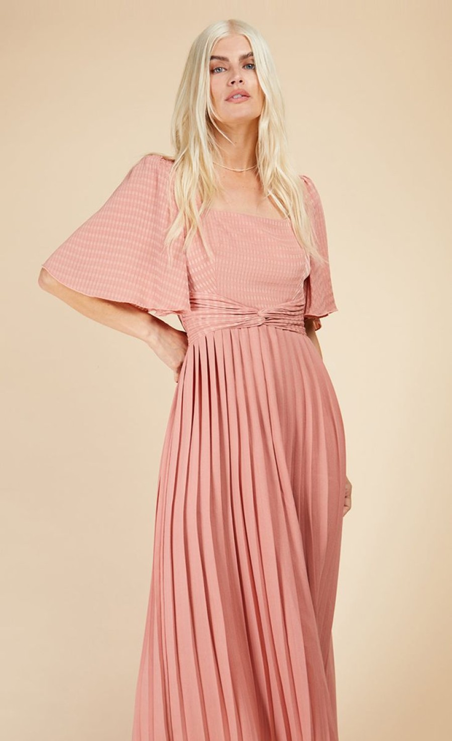 Clothing Little Mistress | Coral Pink Check And Pleated Hem Midaxi Dress