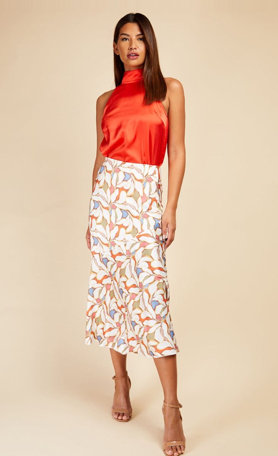 Clothing Little Mistress | Leaf Print Diagonal Seam Midi Skirt