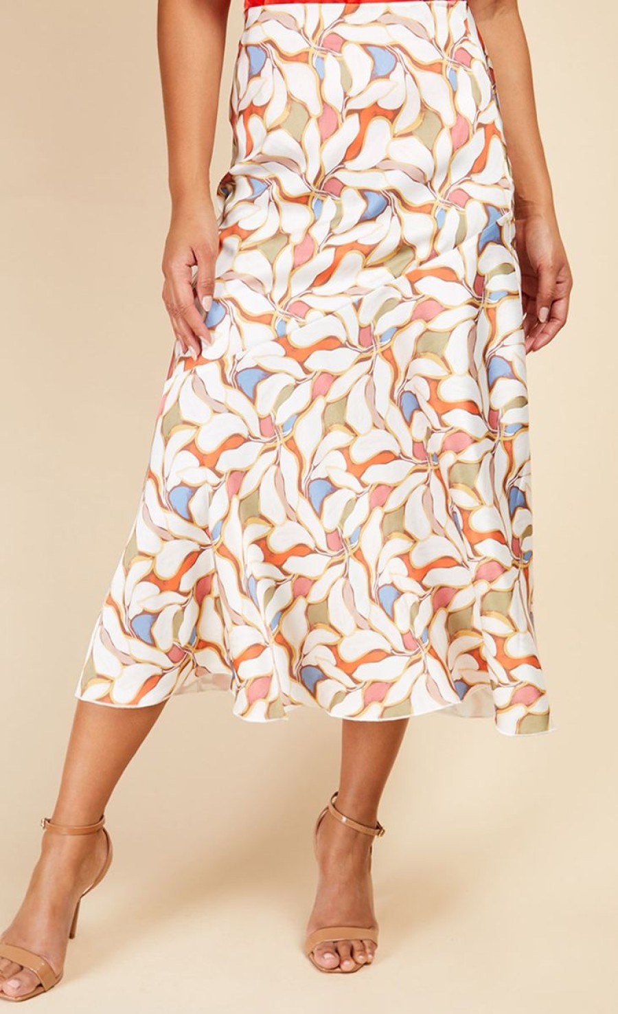 Clothing Little Mistress | Leaf Print Diagonal Seam Midi Skirt