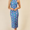 Clothing Little Mistress | Blue Floral Print Crossover Neckline Midi Dress