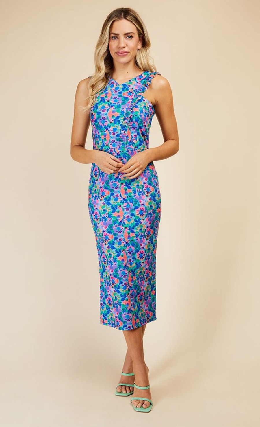 Clothing Little Mistress | Blue Floral Print Crossover Neckline Midi Dress