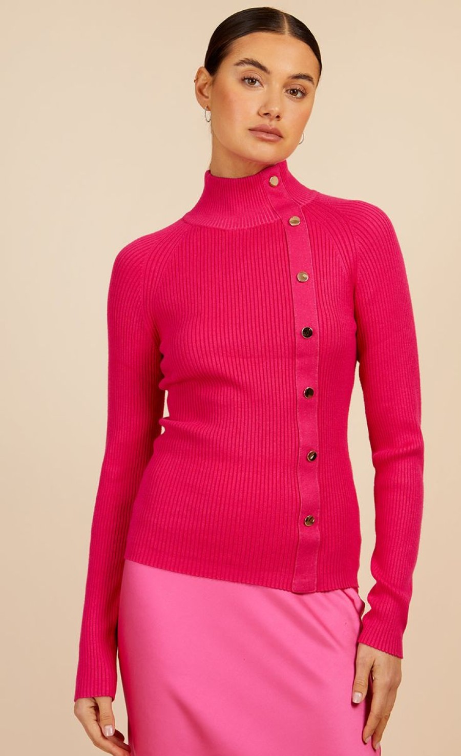 Clothing Little Mistress | Pink Ribbed Knit Button Detail Jumper By Vogue Williams