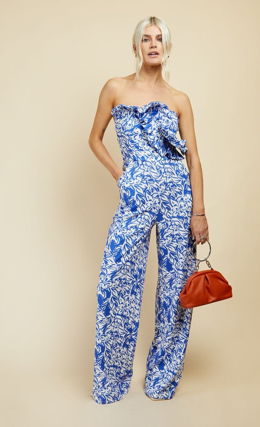 Clothing Little Mistress | Blue Floral Print Frill Detail Jumpsuit