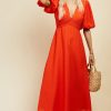 Clothing Little Mistress | Orange Textured Puff Sleeve Midi Dress